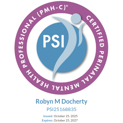 Seal of certificate from Postparum Support International, indicating Robyn holds a professional certification in Perinatal Mental Health.