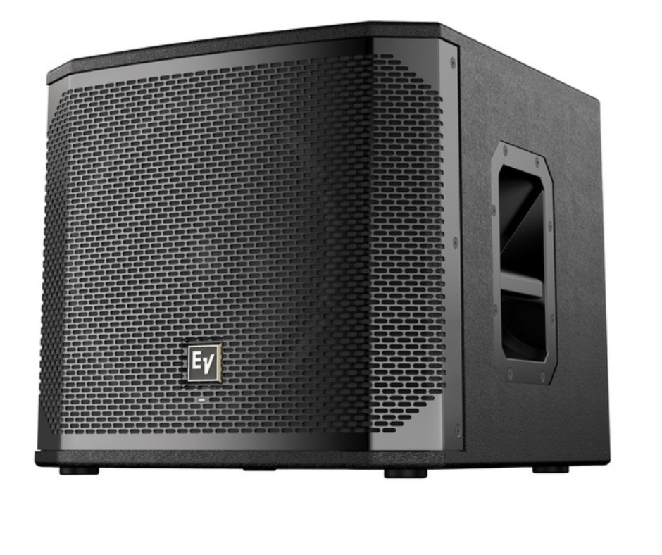 A black subwoofer speaker with a metal grille on the front and a small EV logo at the bottom center.