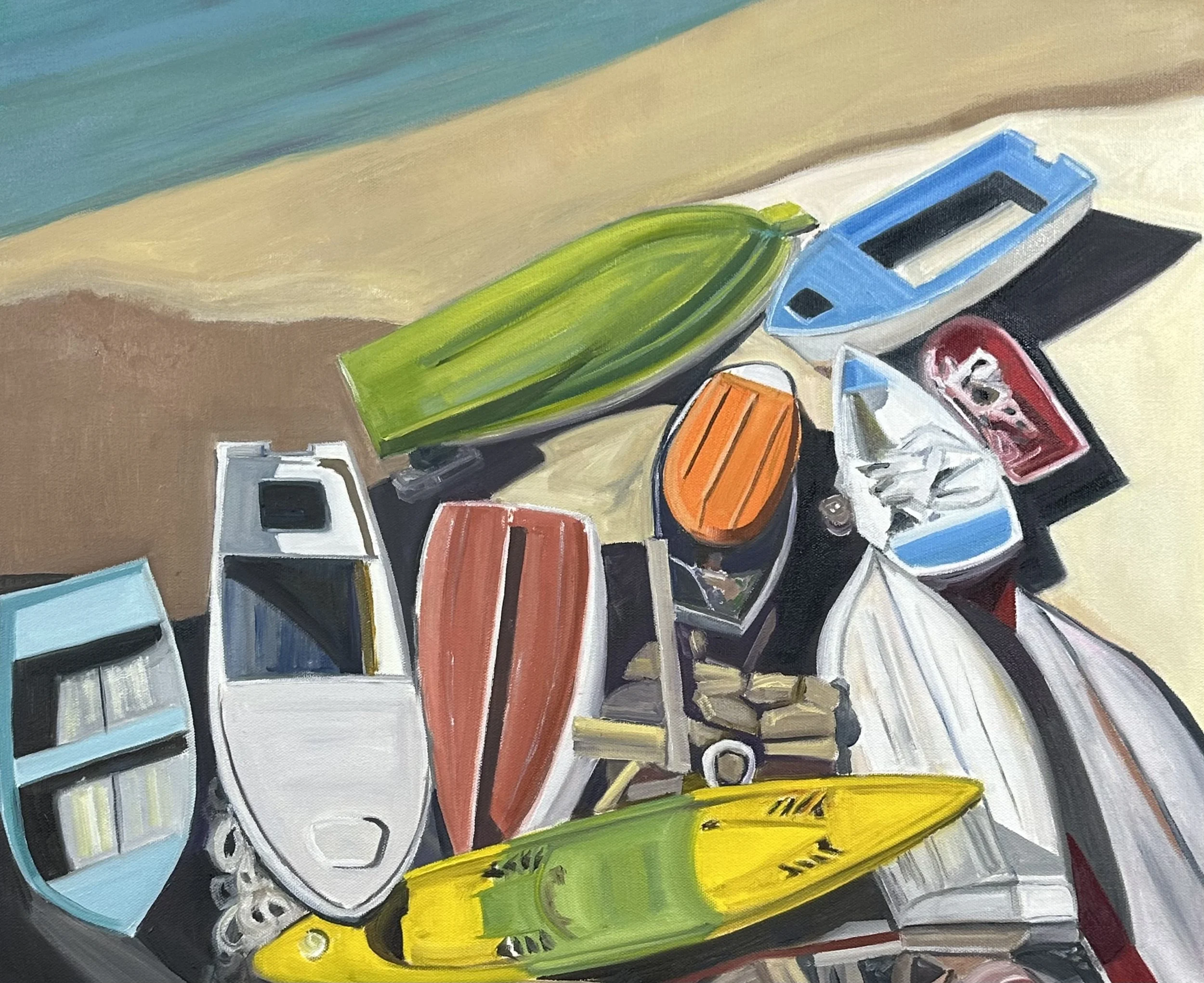 "BOATS ON THE SAND", OIL ON CANVAS, 20" X 24"
