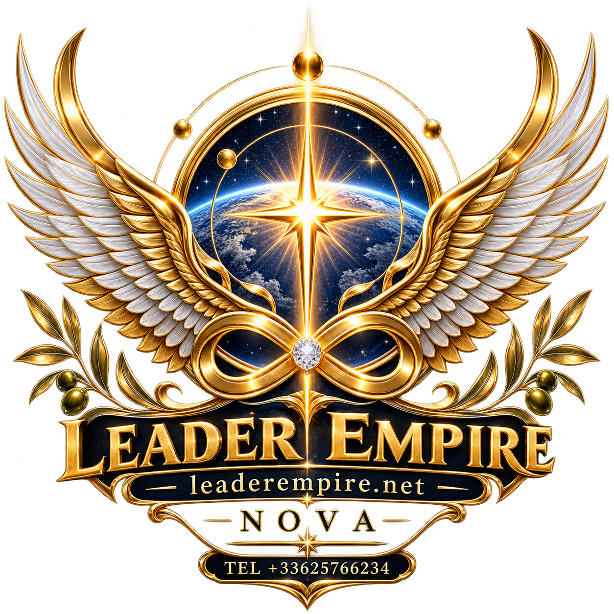 Logo or badge doré avec des ailes blanches, une Terre en arrière-plan, une étoile brillante au centre, et le texte 'Leader Empire' avec un site web et un numéro de téléphone