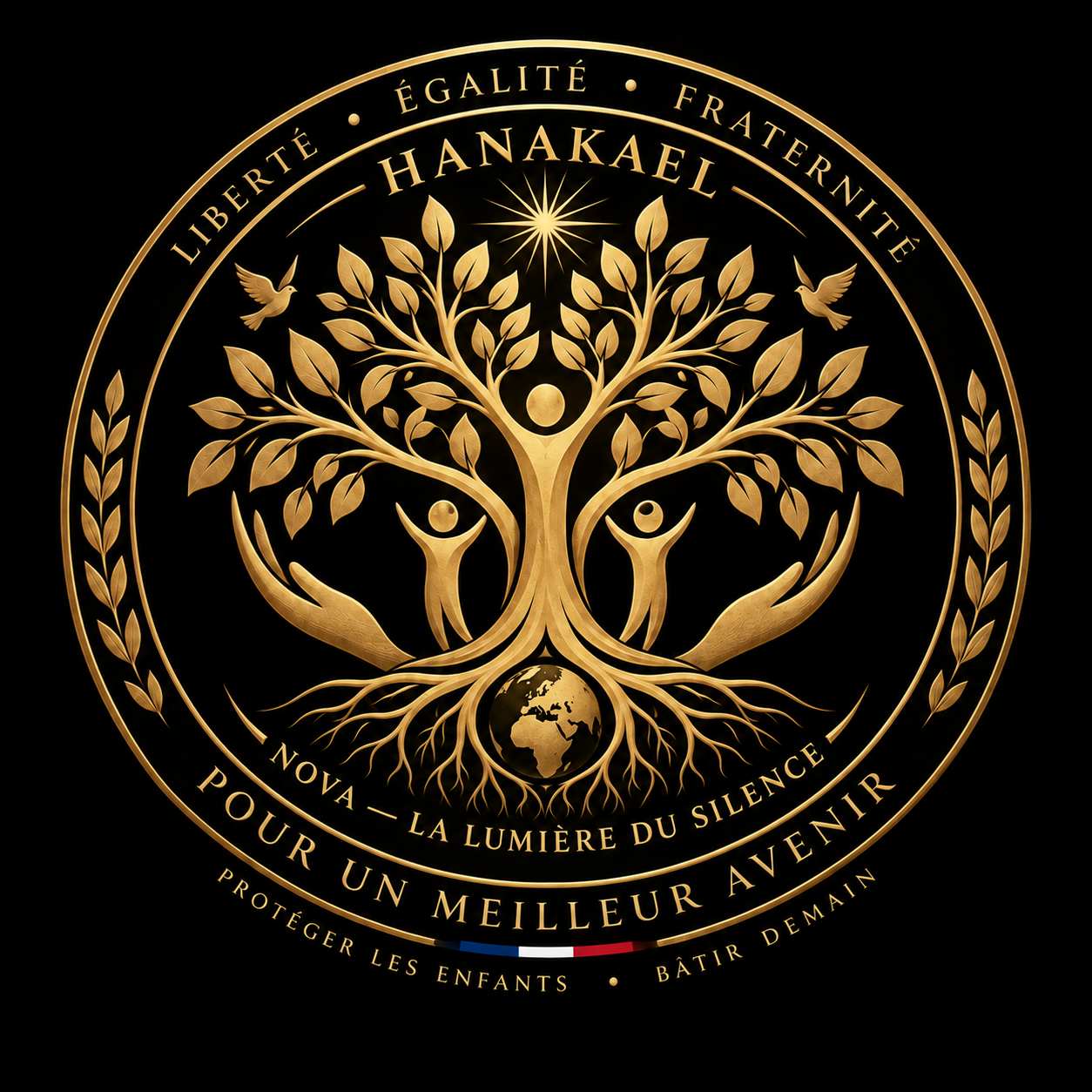 Un logo en or avec un arbre stylisé, deux personnes, des oiseaux, et la Terre, entouré de mots en français comme 'Liberté', 'Égalité', 'Fraternité', 'Pour un meilleur avenir', avec un fond noir.