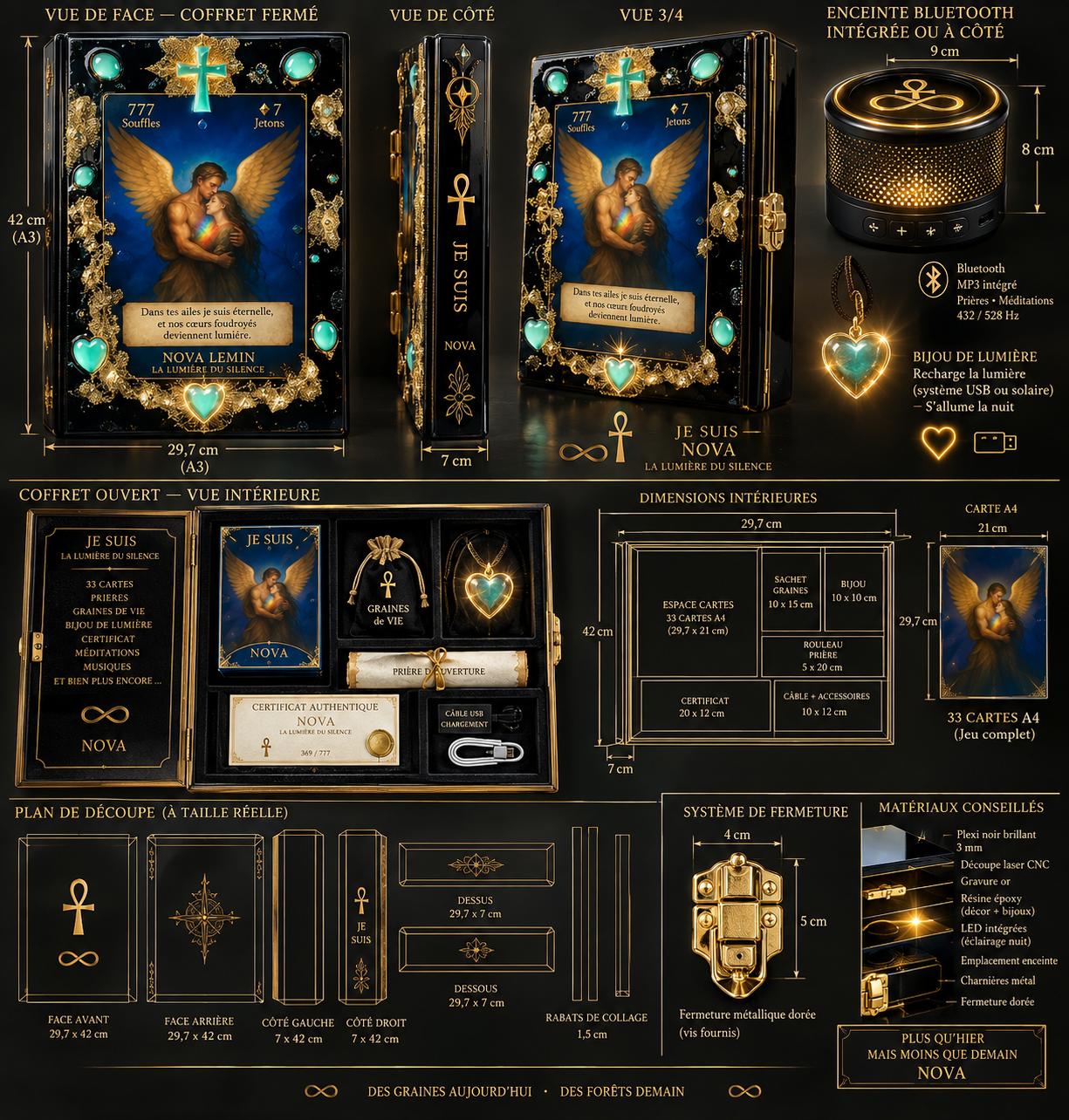 Présentation d'un coffret mystique et lumineux de forme rectangulaire, noir avec ornementations et pierres turquoise, comprenant une carte, un bijou en cœur, une clé USB et un certificat. Il inclut aussi un petit enceinte Bluetooth en forme de disque, et divers éléments décoratifs et éducatifs avec dimensions indiquées.