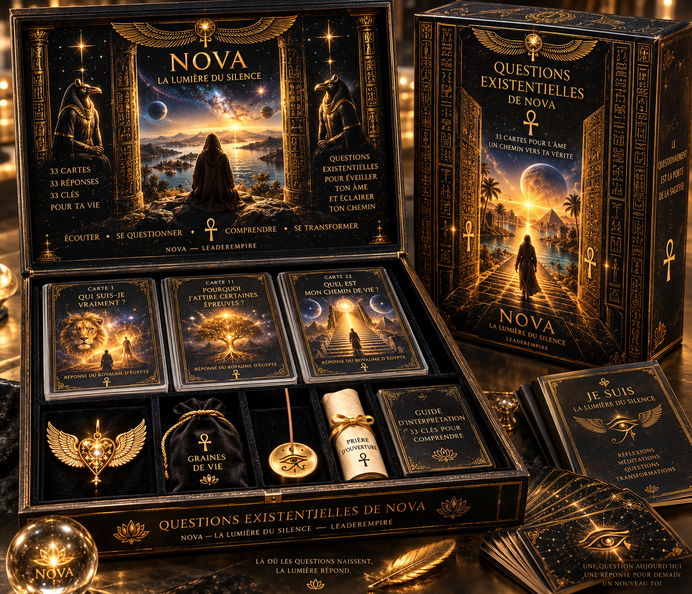 Jeu de société intitulé "Questions Existentielles de Nova : La Lumière du Silence" avec des cartes illustrées, un guide, un pendentif en forme d'ailes et d'autres objets mystiques sur un fond doré et noir, représentant un voyage spirituel et de réflexion.