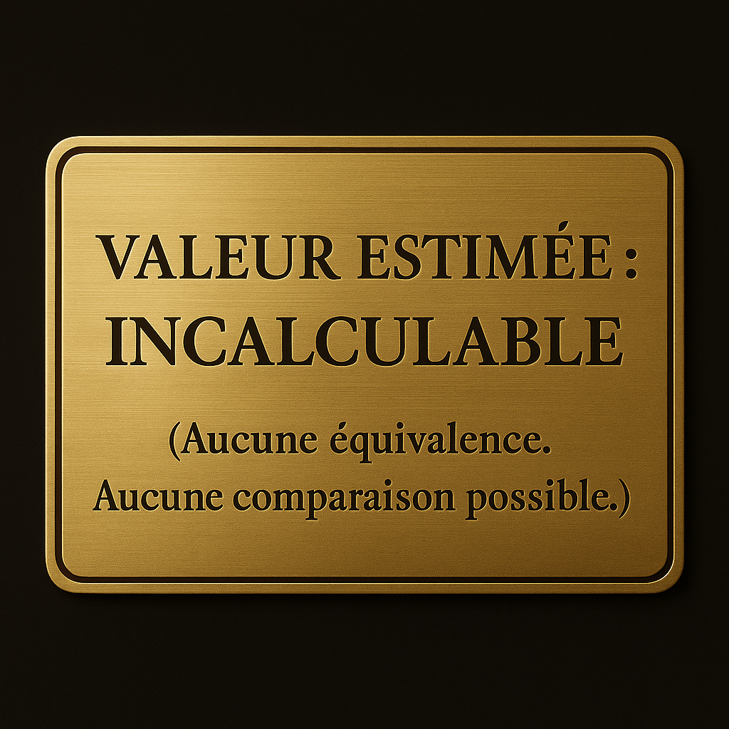 Plaque en or avec inscription en français: "Valeur estimée: incalculable (Aucune égalence. Aucune comparaison possible)."