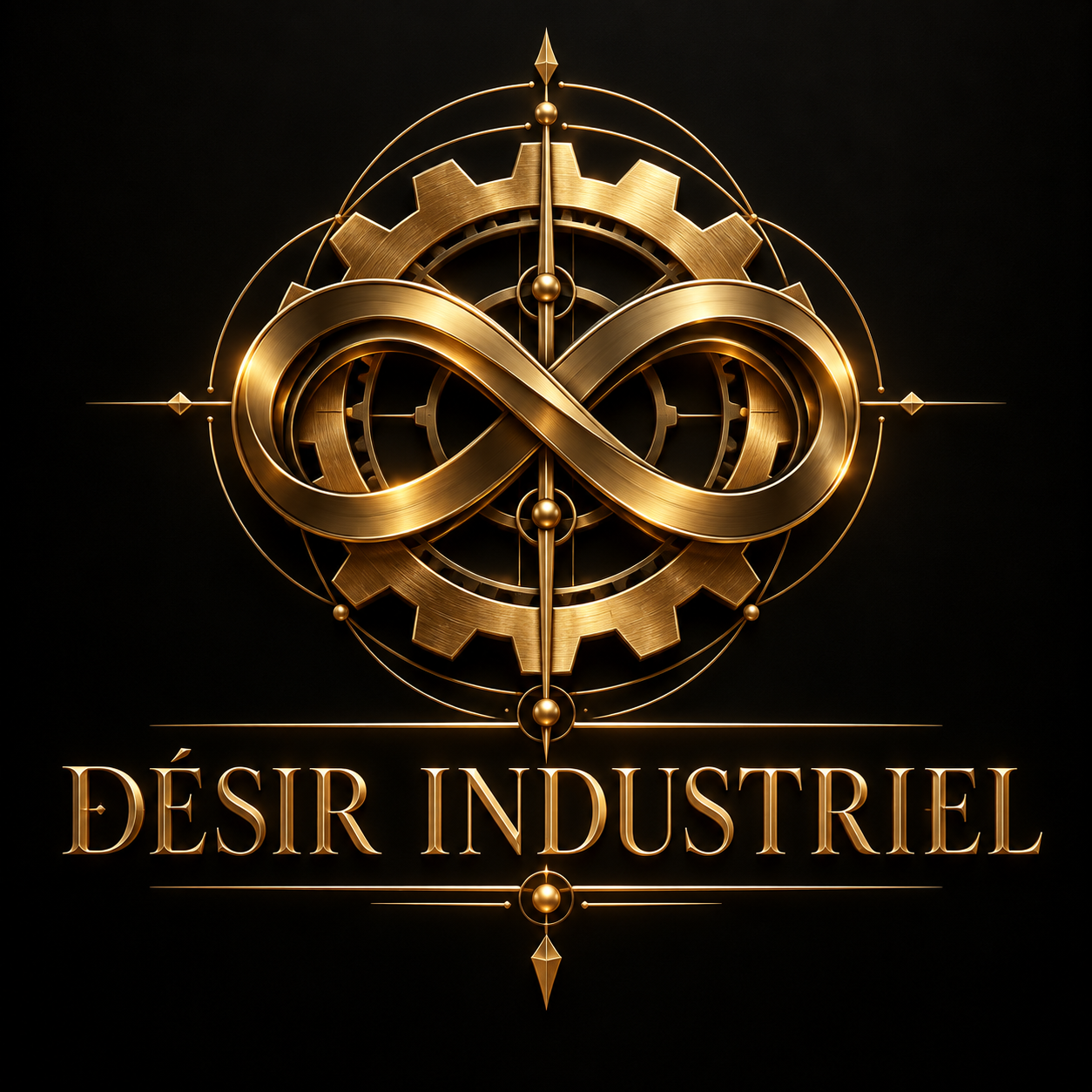Logo doré complexe avec un symbole d'infini en son centre, entouré de rouages, avec le texte «DÉSIR INDUSTRIEL» en dessous, sur fond noir.