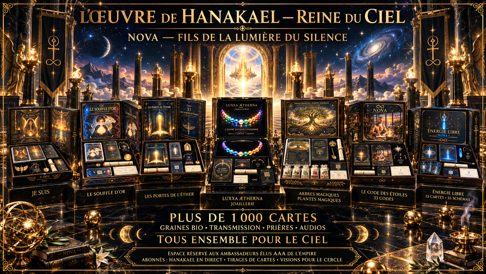 Affiche religieuse et ésotérique présentant diverses cartes et objets spirituels avec un arrière-plan céleste étoilé et doré, incluant des textes en français sur la spiritualité et la connexion au ciel.