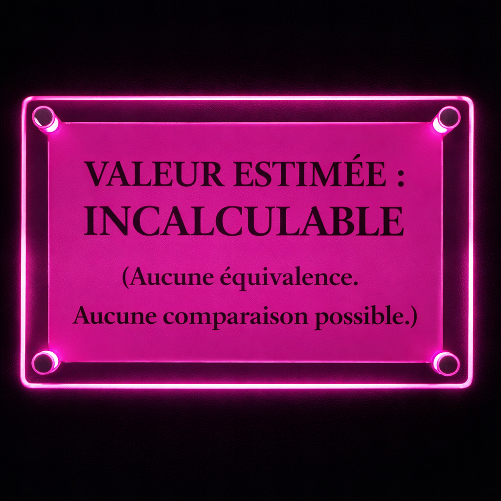 Panneau en néon rose indiquant que la valeur estimée est incalculable, sans aucune équivalence ou comparaison possible.