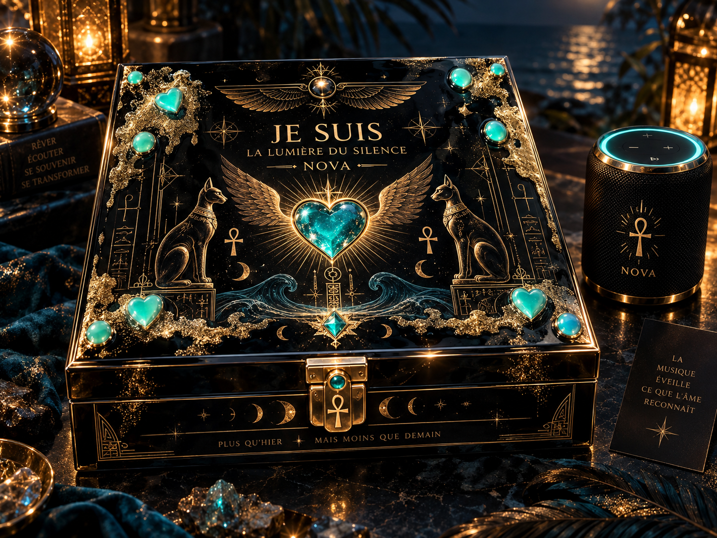 Boîte décorée avec des motifs égyptiens, des sphinx, des cœurs ailés et des symboles lunaires et solaires, portant l'inscription en français "Je suis la lumière du silence Nova" et entourée de bijoux turquoise et de lumières dorées