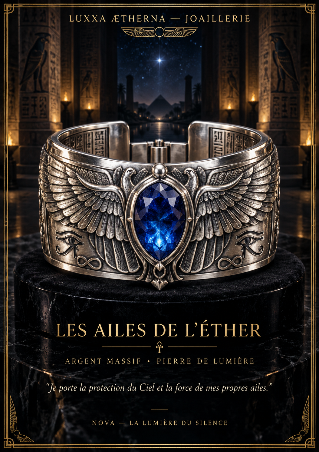 Bracelet en argent massif avec un grand saphir bleu en forme de larme, ornements d'ailes et symboles égyptiens, présenté dans un décor somptueux avec des pyramides et des étoiles en arrière-plan.