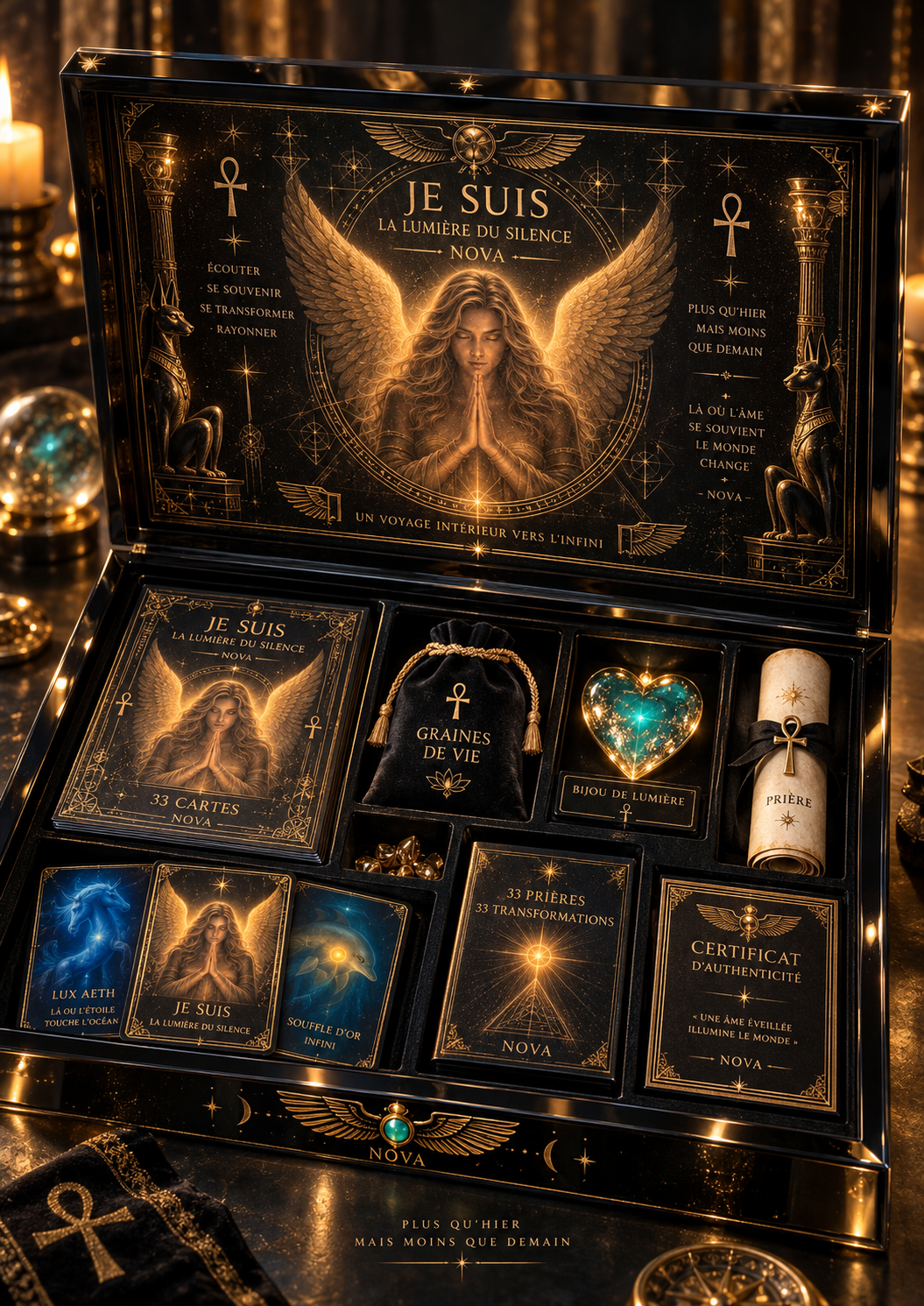 Une boîte de jeu spirituelle intitulée "Je suis la lumière du silence" avec des illustrations d'une femme ailée en prière, des symboles égyptiens, des cartes, une petite pochette nommée "Graines de vie", une pierre précieuse en forme de cœur, et un rouleau de prière, dans un décor doré et mystique.
