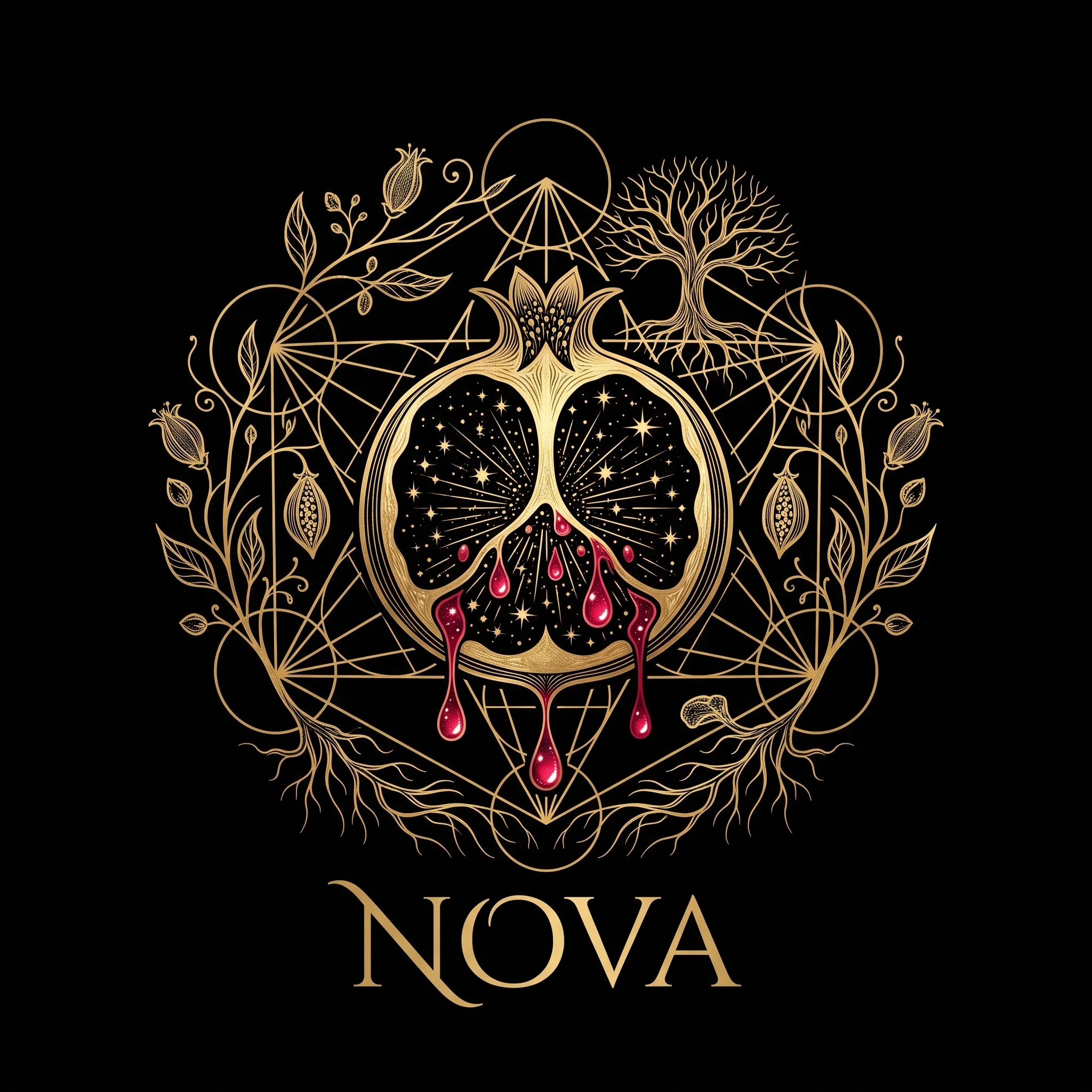 Illustration dorée d'une tête de squelette avec des éléments de design floraux et cosmiques, le tout sur fond noir, avec le texte 'NOVA' en bas.