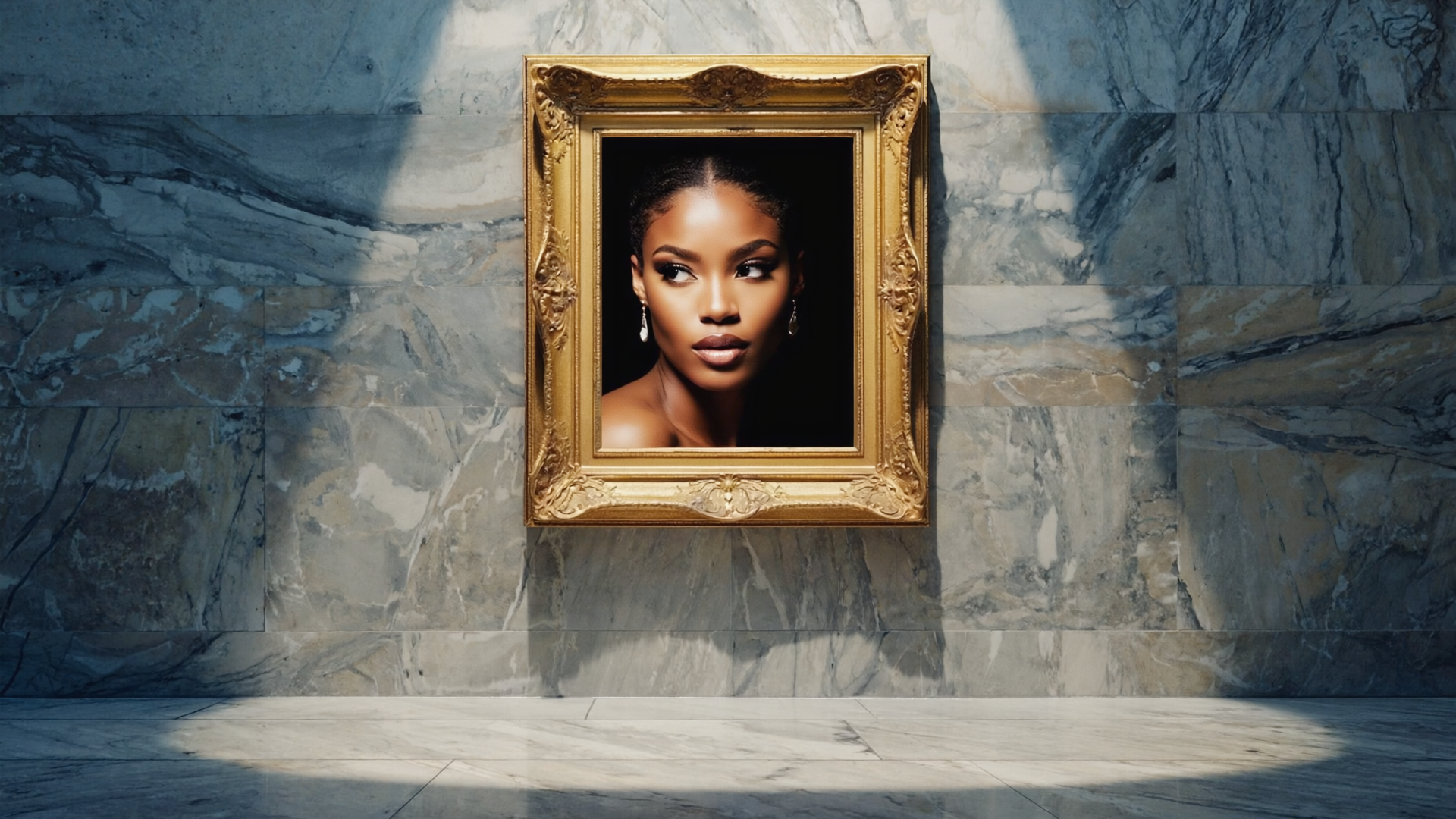 Gen4 Create a luxurious art gallery with a golden frame on a marble wall Inside the a-2, 299563257.png