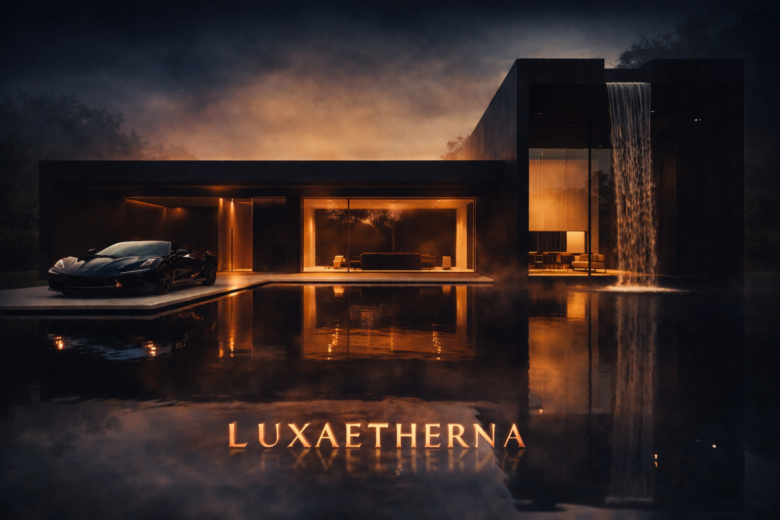 Une maison moderne en bord de piscine avec un affichage lumineux "LUXAETHERNA", comprenant un garage avec une voiture de luxe, un salon intérieur visible à travers de grandes baies vitrées, une cascade d'eau intégrée et un environnement nocturne avec un ciel nuageux.