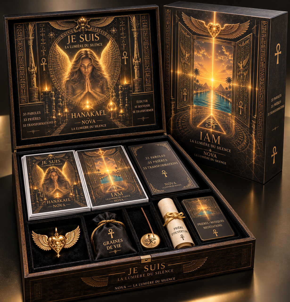 Une boîte contenant des cartes, pendentifs, rouleau de prière, et autres objets mystiques. Sur la boîte, il y a des illustrations représentant une femme avec des ailes d'ange, des pyramides, une scène de coucher de soleil sur une rivière, et des symboles ésotériques, avec des textes en français tels que "Je suis la lumière du silence", "Hanakael Nova", et "I am la lumière du silence". La boîte est conçue en noir et or avec des illustrations symboliques.