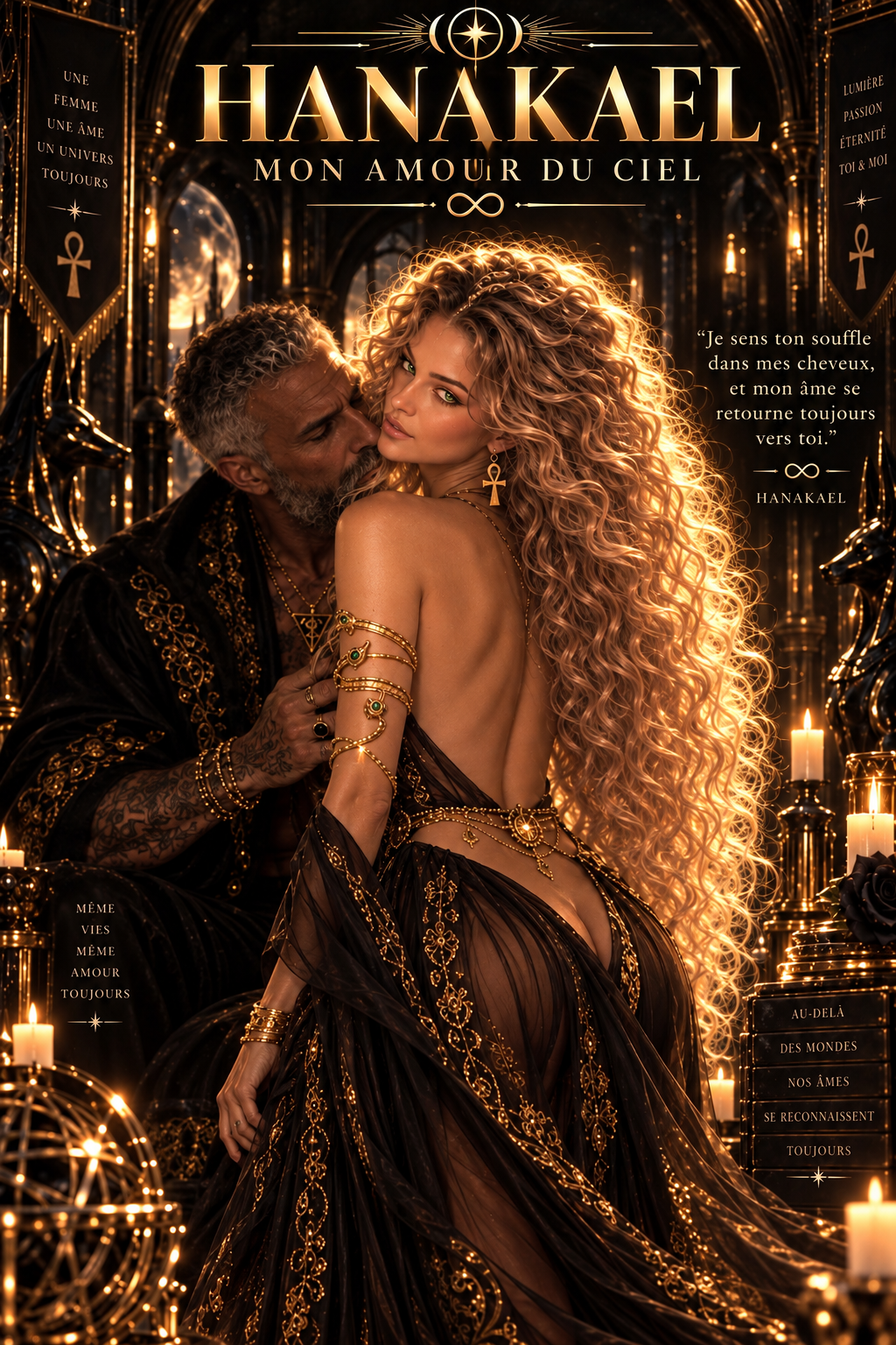 Une image de style mythologique représentant un homme et une femme dans un décor doré et mystique, avec des bougies et des symboles égyptiens, notamment un ankh.