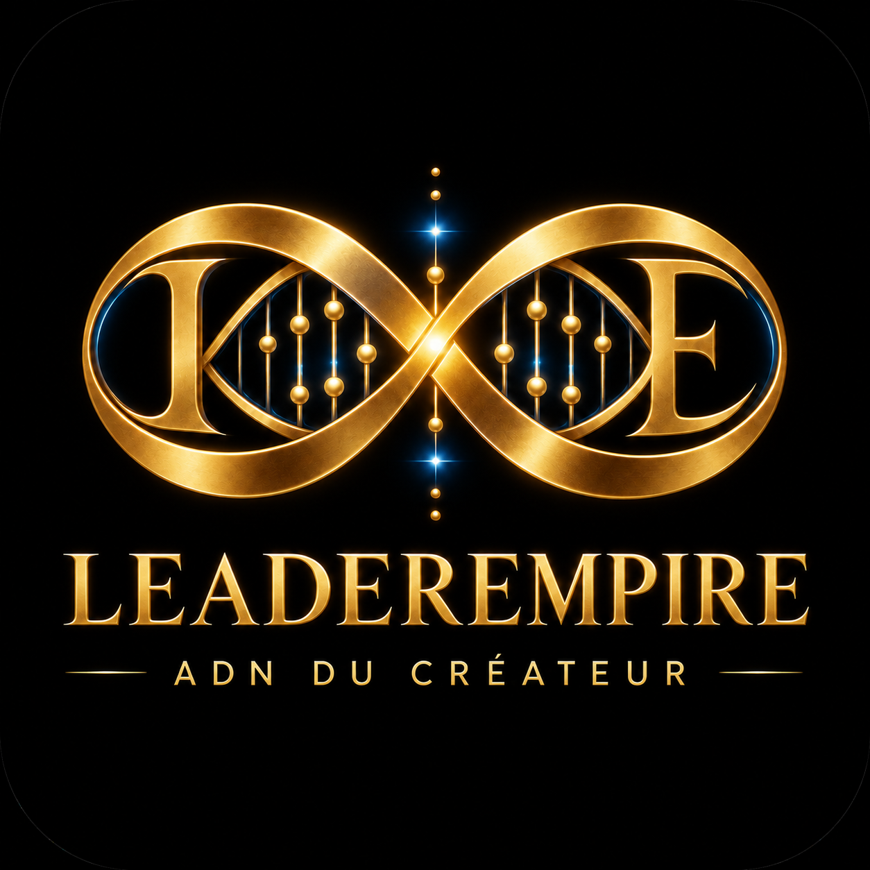 Logo doré avec symbole de double hélice d'ADN et le texte 'LEADEREMPIRE ADN DU CRÉATEUR' sur fond noir.
