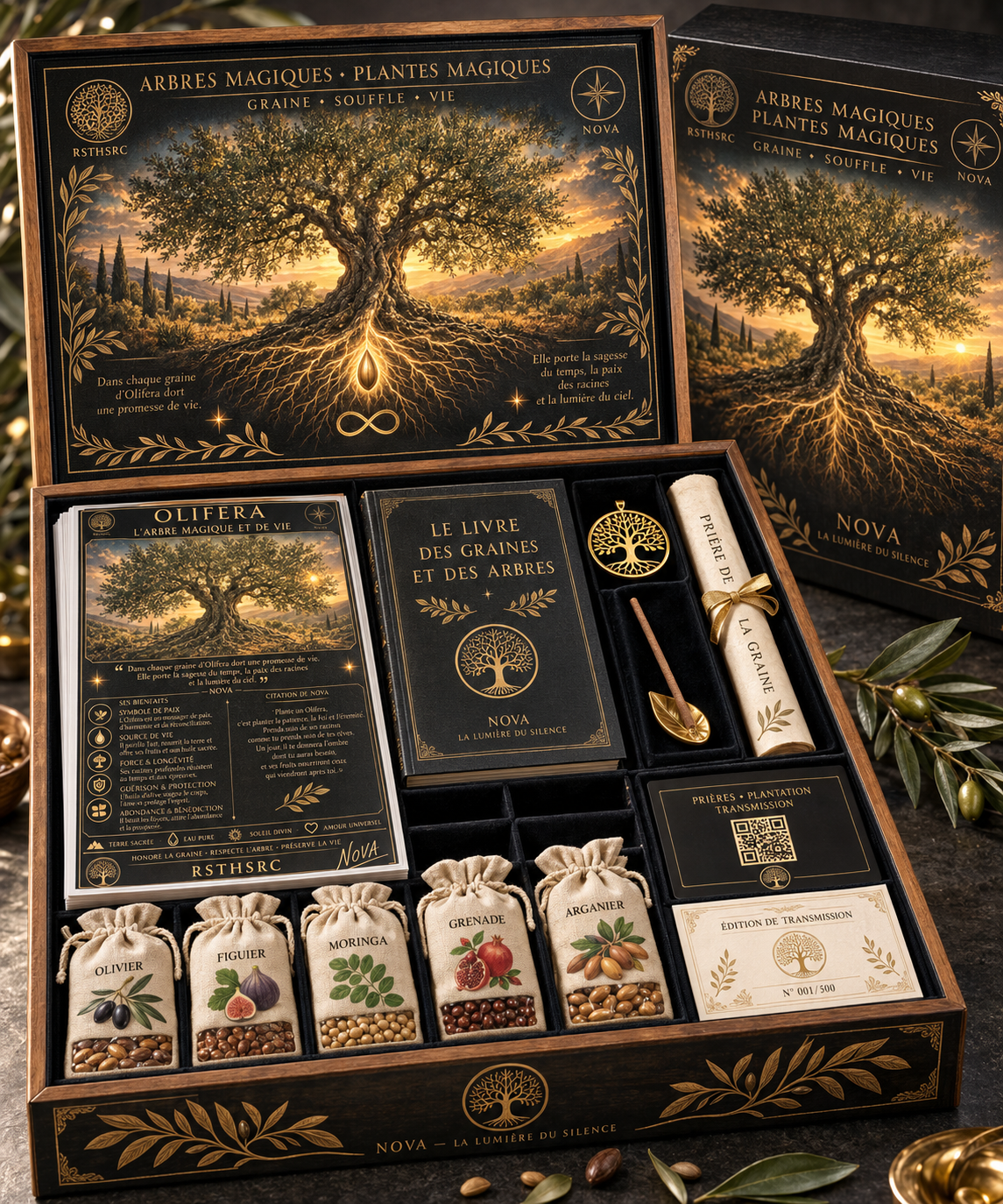Une boîte contenant des graines et des arbres magiques, avec un livre intitulé "Le Livre des Graines et des Arbres" et des sacs de graines de différentes variétés comme olivier, figuier, moringa, grenade et arbre d'argan. Le tout est décoré de motifs dorés et de feuilles, avec une illustration d'un arbre majestueux sur la boîte et des éléments symboliques liés à la sagesse et à la nature.