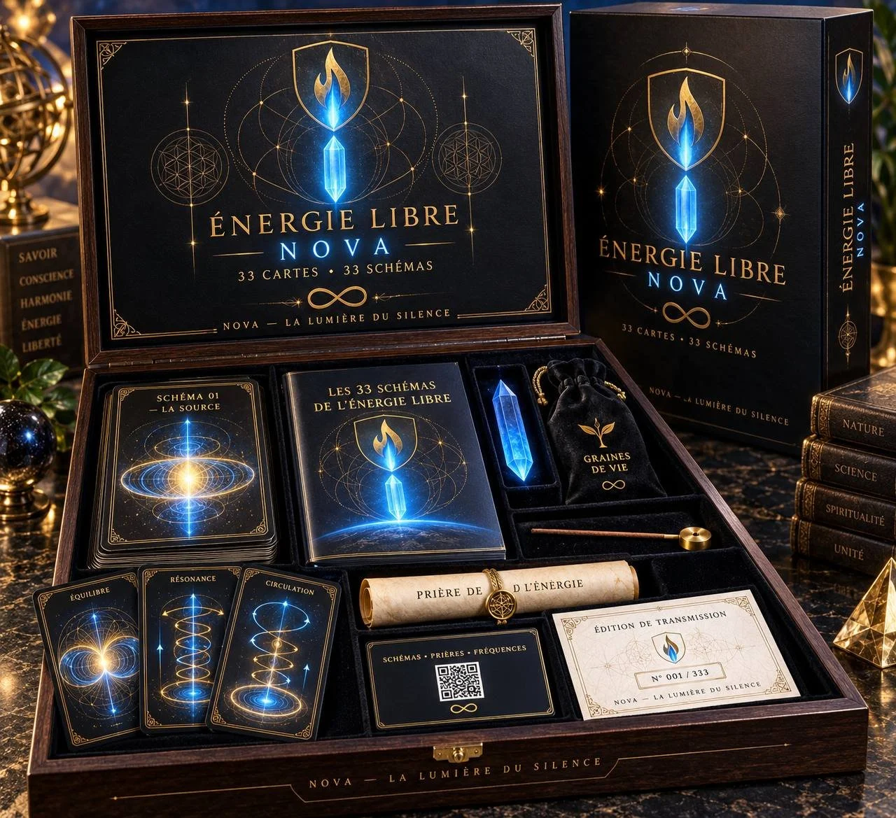 Jeu de cartes, schémas et accessoires liés à Énergie Libre Nova, avec packaging noir orné de symboles lumineux, incluant une boîte, cartes, un pendentif, un sac, une baguette, et une carte de transmission.