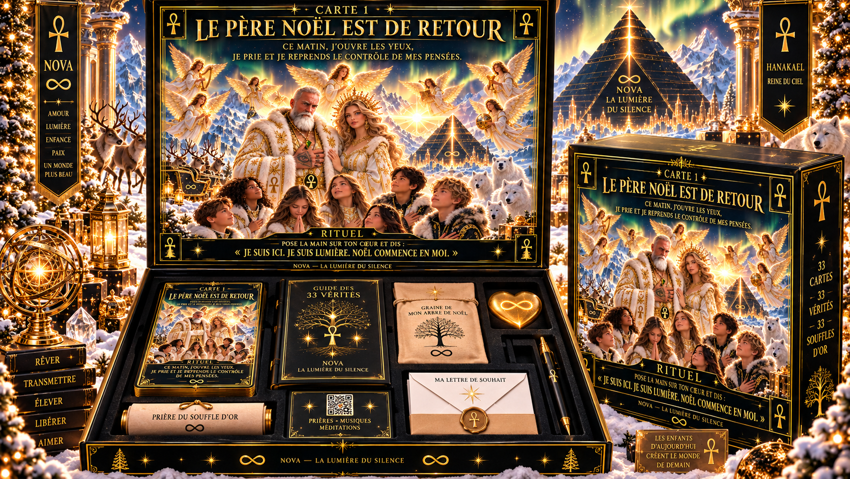 Un coffret de cartes de jeu de Noël avec une scène festive représentant le Père Noël, un ange, des rennes, des huskys et une pyramide illuminée sur un fond enneigé.