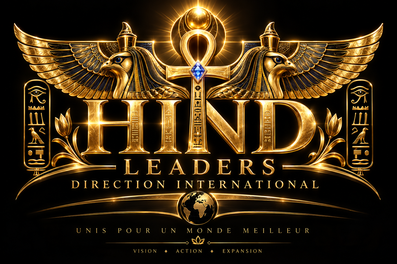 Logo doré avec des ailes d'aigle, un symbole d'ankh et la Terre en bas, texte en anglais 'HEND Leaders' et en français 'Direction Internationale', style élégant et sophistiqué.