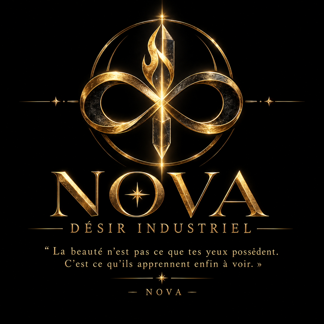 Un logo doré avec un symbole infini et une étoile au centre, accompagné du texte "NOVA" en grand et "DÉSIR INDUSTRIEL" en dessous, suivi d'une citation en français: "La beauté n’est pas ce que tes yeux possèdent. C’est ce qu’ils apprennent enfin à voir."