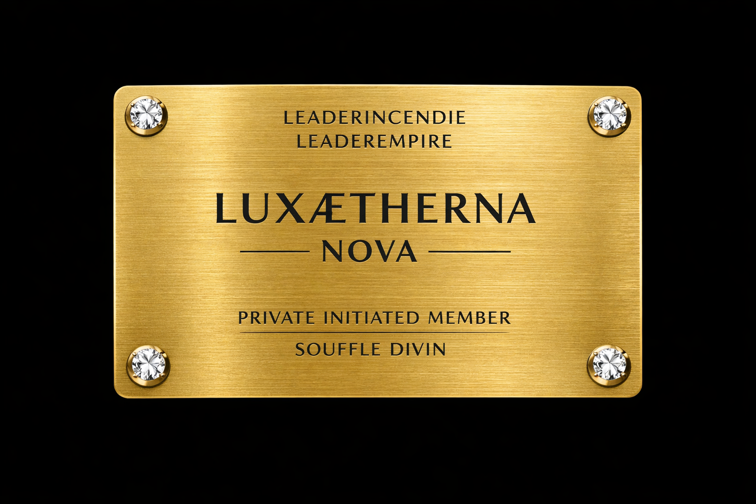 Plaque en métal doré avec inscription en français et en anglais, décoration avec quatre pierres brillantes. La plaque comporte des mots comme Leadingcendie, Leaderempire, Luxætherna Nova, Private Initiated Member, Souffle Divin.