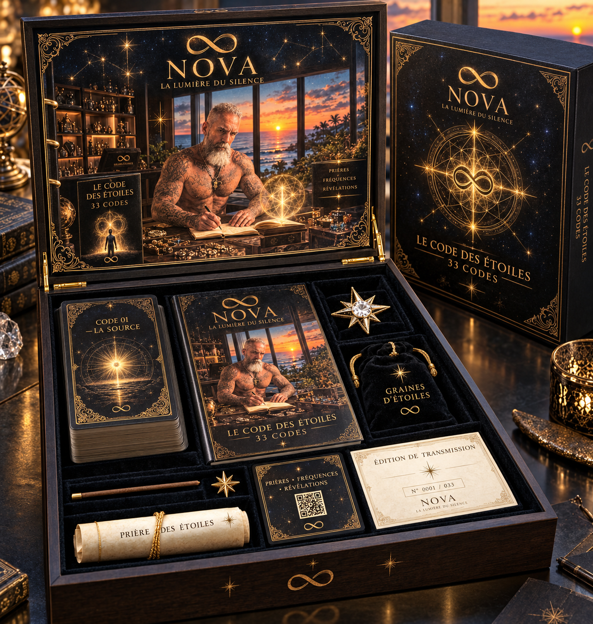 Une boîte contenant un jeu de cartes, des bijoux et des accessoires, avec un thème astral et mystique, intitulé "Le Code des Étoiles" par NOVA, sur fond de coucher de soleil.