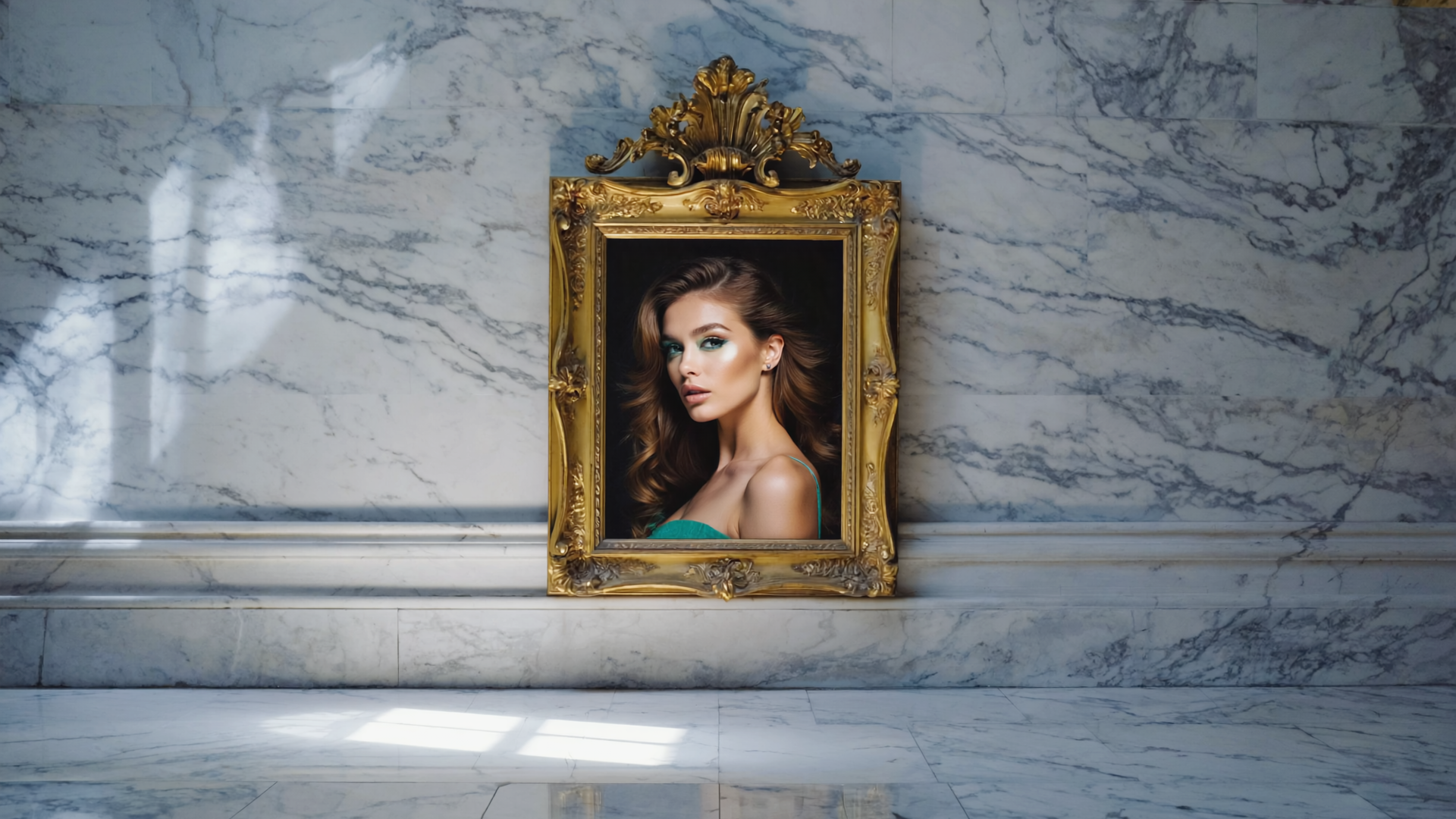 Gen4 Create a luxurious art gallery with a golden frame on a marble wall Inside the a-2, 299563257 (2).png