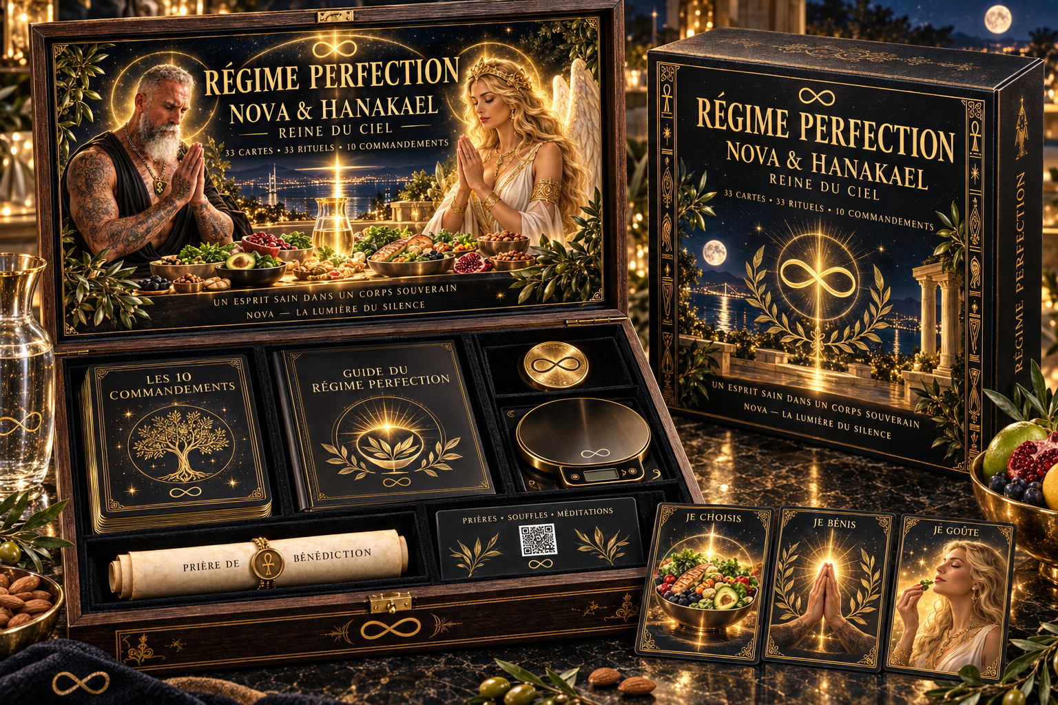 Une boîte de jeux de cartes inspirée du rituel de perfection avec des illustrations dorées, comprenant des cartes, une échelle, une balance et une prière, sur un fond représentant un coucher de soleil sur la mer avec un pont et la pleine lune.