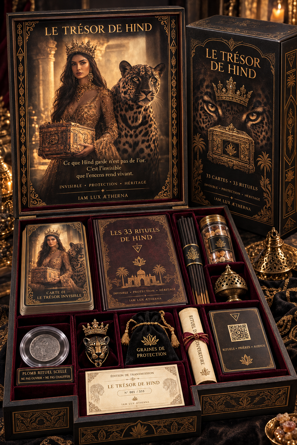 Une boîte contenant un jeu de cartes appelé "Le Trésor de Hind" avec des illustrations dorées, des accessoires comme des bâtons d'encens, un médaillon de léopard, un petit sachet noir, une pièce, un rouleau de papier, et d'autres objets mystérieux, sur un fond noir et or.