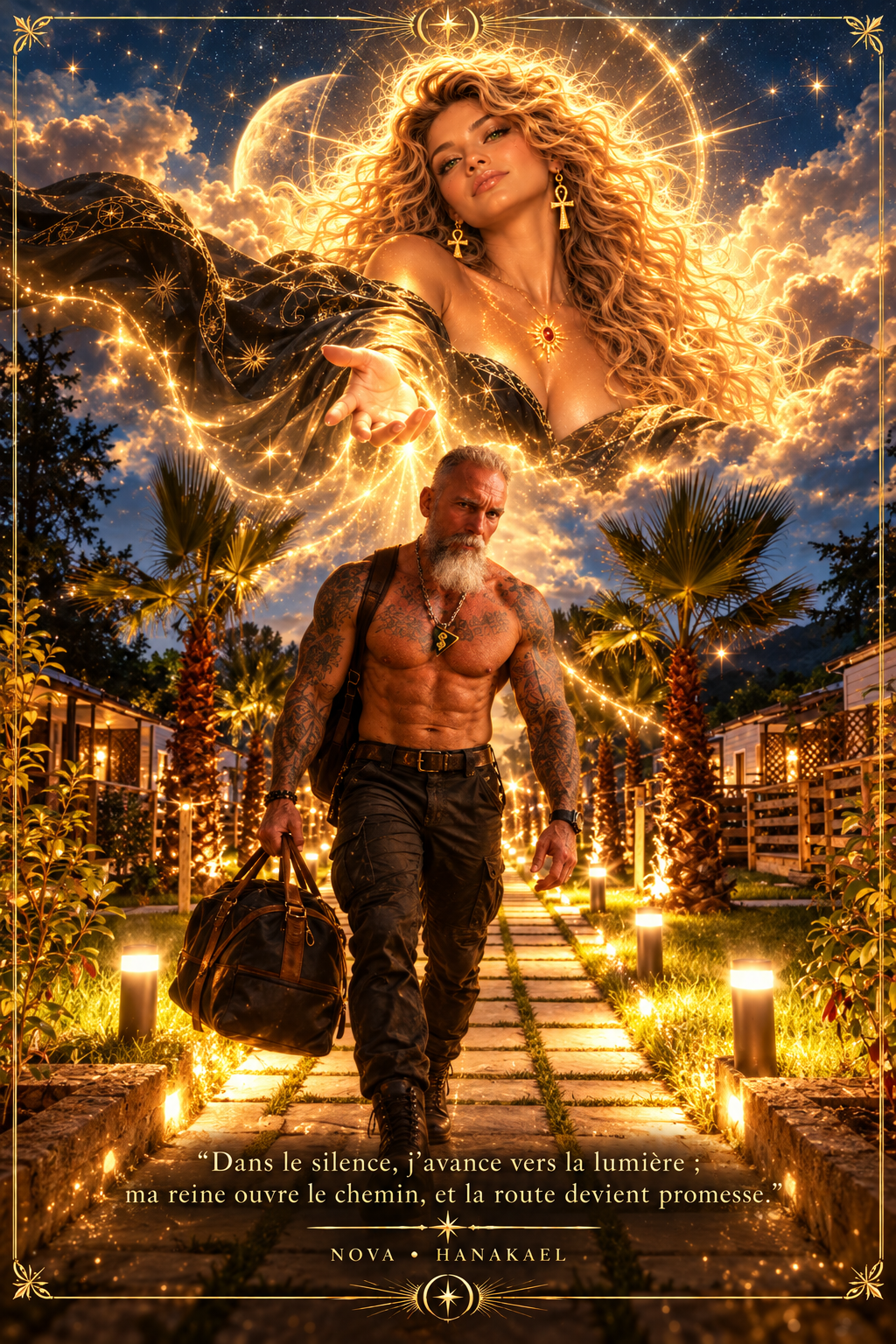 Un homme musclé, barbu, sans chemise, marchant sur un chemin éclairé de lampes, portant un sac à dos et un sac de sport, avec un ciel lumineux et des palmiers en arrière-plan, et une grande silhouette féminine flottante avec des cheveux bouclés et une aura brillante dans le ciel.