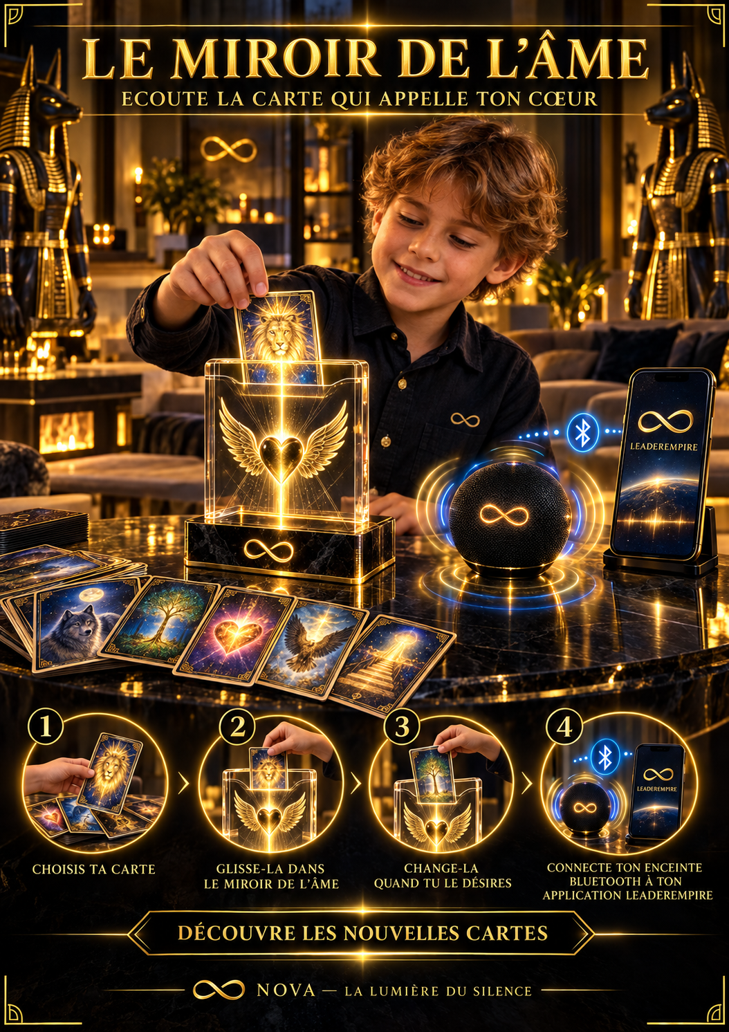 Affiche promotionnelle pour Le Miroir de l'âme, un jeu de tarot numérique. Montre un garçon avec un jeu de cartes, un miroir de l'âme, une enceinte Bluetooth LED, un téléphone avec l'application LeaderEmpire. Instructions pour jouer : choisir une carte, la glisser dans le miroir, la changer selon votre désir, puis connecter l'enceinte via Bluetooth.