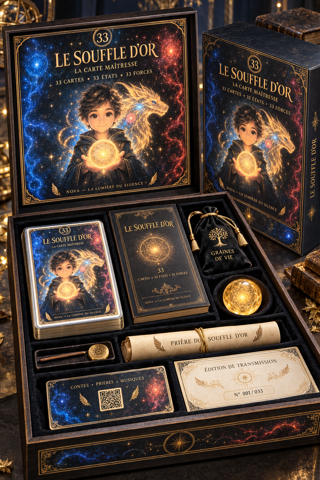 Un coffret de jeu nommé "Le Souffle d'Or" contenant des cartes, un livret, un pendentif, une boule en or, une prière, un écusson, et un certificat de transmission. La boîte est décorée de motifs étoilés et cosmique, avec une illustration d'un enfant avec une boule lumineuse, une dragonne en forme de dragon d'or et un fond étoilé.