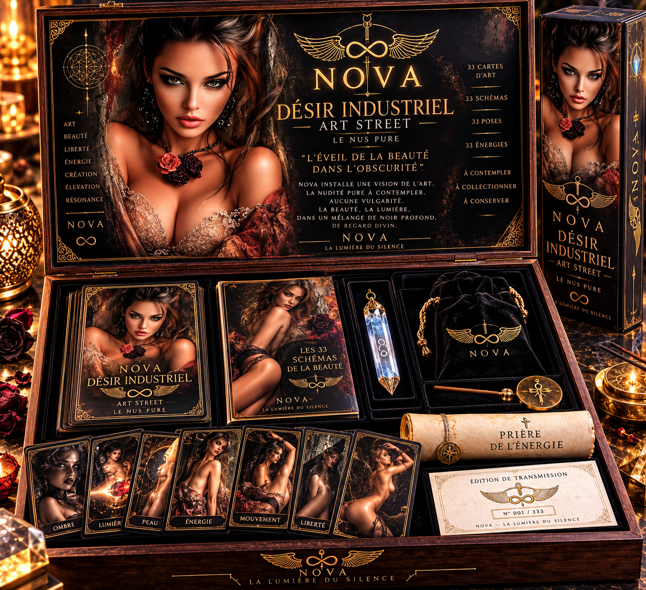 Une boîte de jeux de cartes intitulée 'NOVA Désir Industriel Art Street', contenant des illustrations de femmes en positions suggestives, des cartes à thème et des objets mystiques, avec un décor glamour en or et noir.