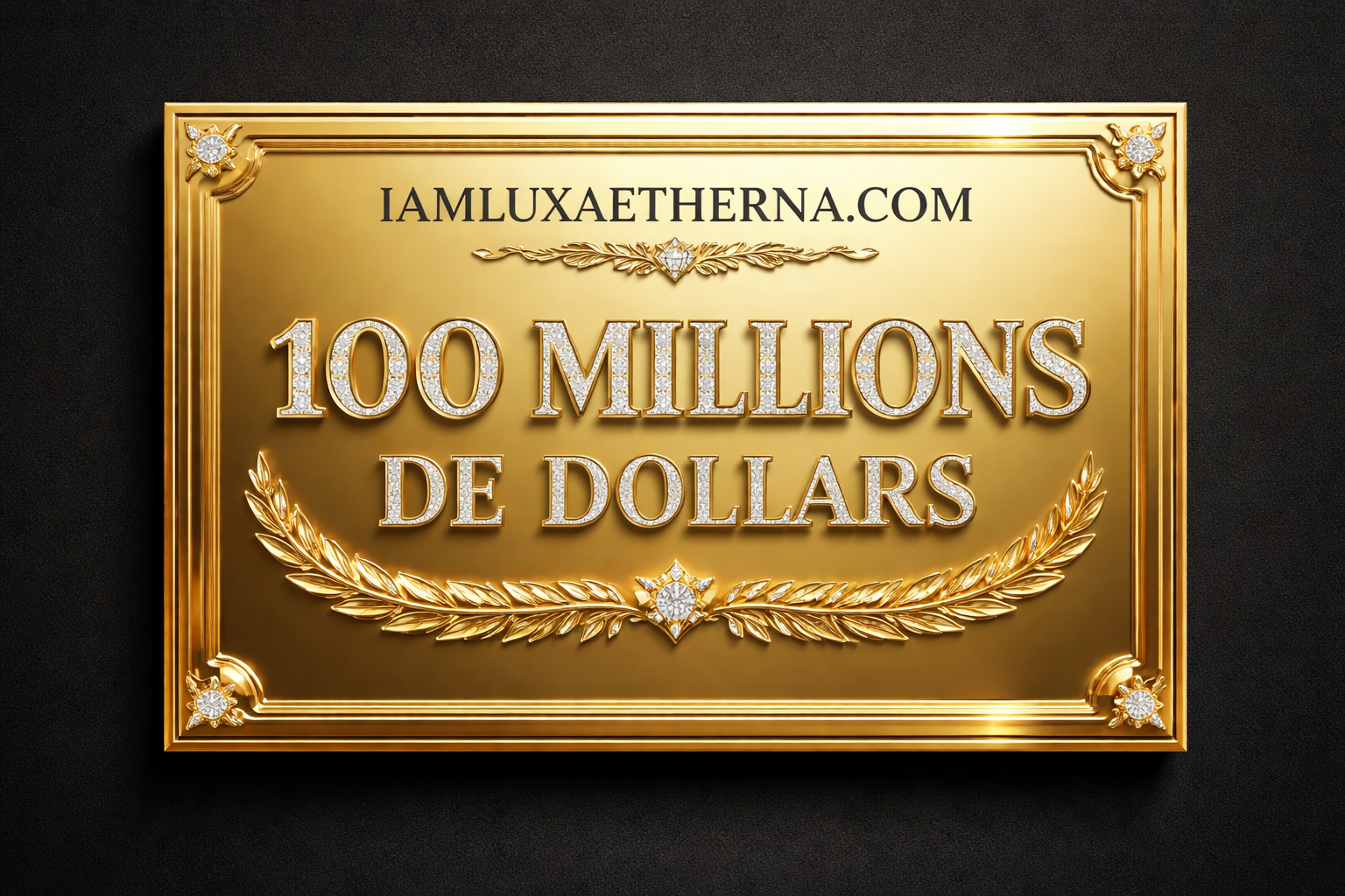 Une plaque en or avec des lettres en diamants affichant le texte "iamluxaetherna.com 100 millions de dollars".