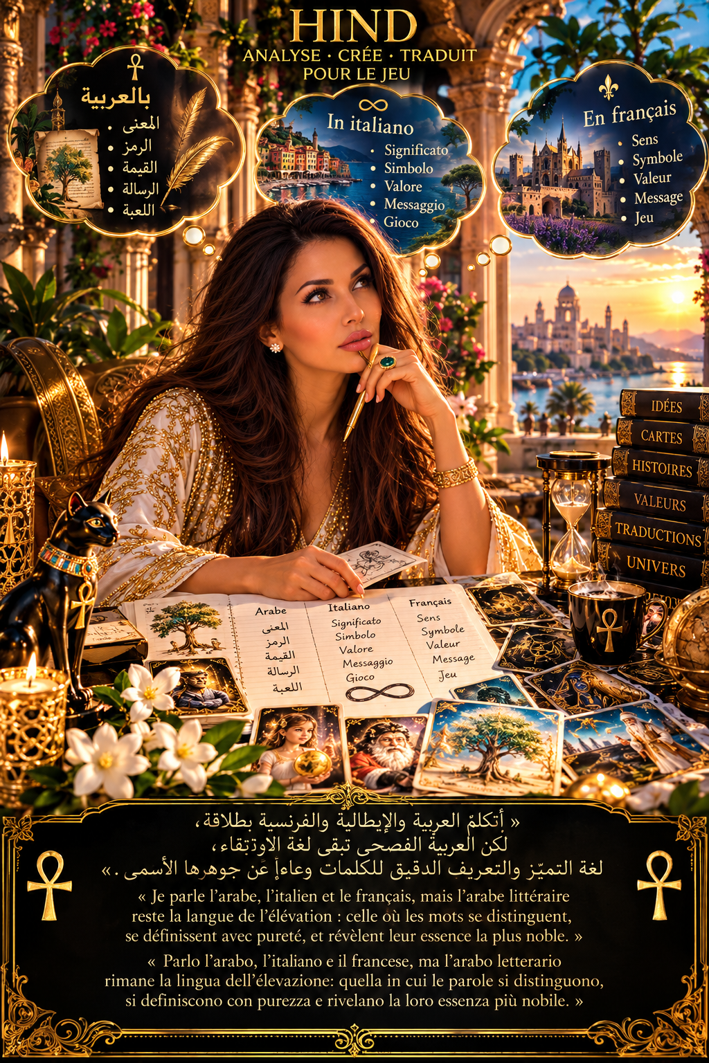 Une femme méditant devant un décor de style antique avec un œil coiffée de bijoux, entourée de livres et de symboles inspirés de l'arabe, de l'italien et du français, avec des images de paysages méditerranéens, et un texte en arabe, italien, français expliquant la valeur et la beauté de l'arabe comme langue de l'élévation.
