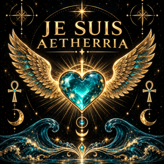 Image d'un cœur brillant bleu entouré d'ailes dorées, avec des éléments cosmiques et des symboles égyptiens, et le texte en français 'Je suis Aetheria'.