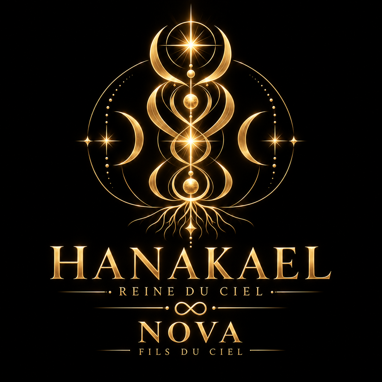 Logo lumineux avec des motifs de lunes, de soleils et d'étoiles dorés, accompagné du texte 'Hanakael: Reine du Ciel, Nova: Fils du Ciel' sur fond noir.