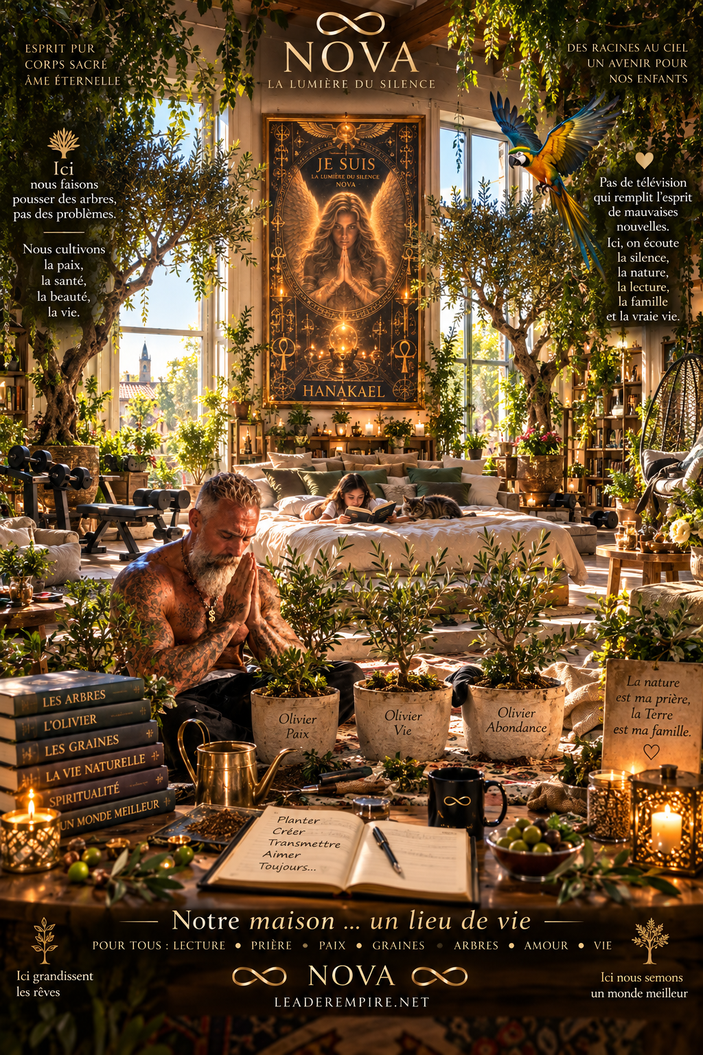 Une pièce lumineuse et verdoyante avec une grande peinture au centre, entourée de plantes et de décorations naturelles. Il y a une personne prier au sol avec trois pots d'arbres, une dame qui lit sur un lit et un perroquet coloré en vol. Le tout dégage une ambiance de paix et de spiritualité, avec des textes inspirants en français et des livres sur la nature, la paix, et la spiritualité.