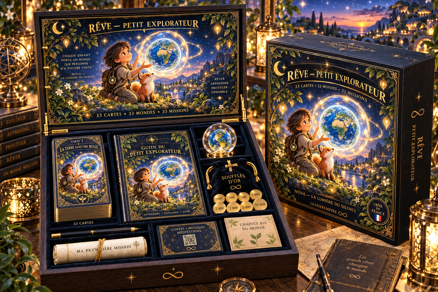 Jeu de société 'Rêve - Petit Explorateur' avec des cartes, un globe, un sac rempli de pièces, et un livre, dans un décor illuminé avec des lampes et des livres en arrière-plan.