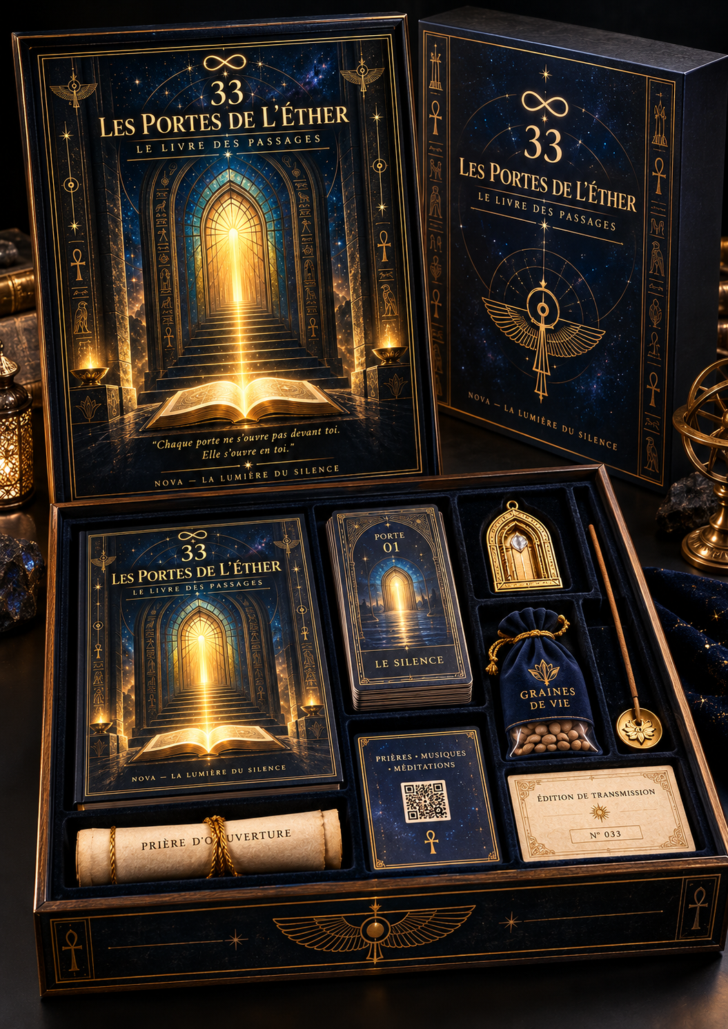 Capture d'un coffret mystérieux contenant un livre intitulé 'Les Portes de l'Éther', des cartes, une petite sagesse, des graines de vie, une pièce avec un symbole ancien, et une prière d'ouverture, le tout décoré avec des motifs ésotériques et étoiles.