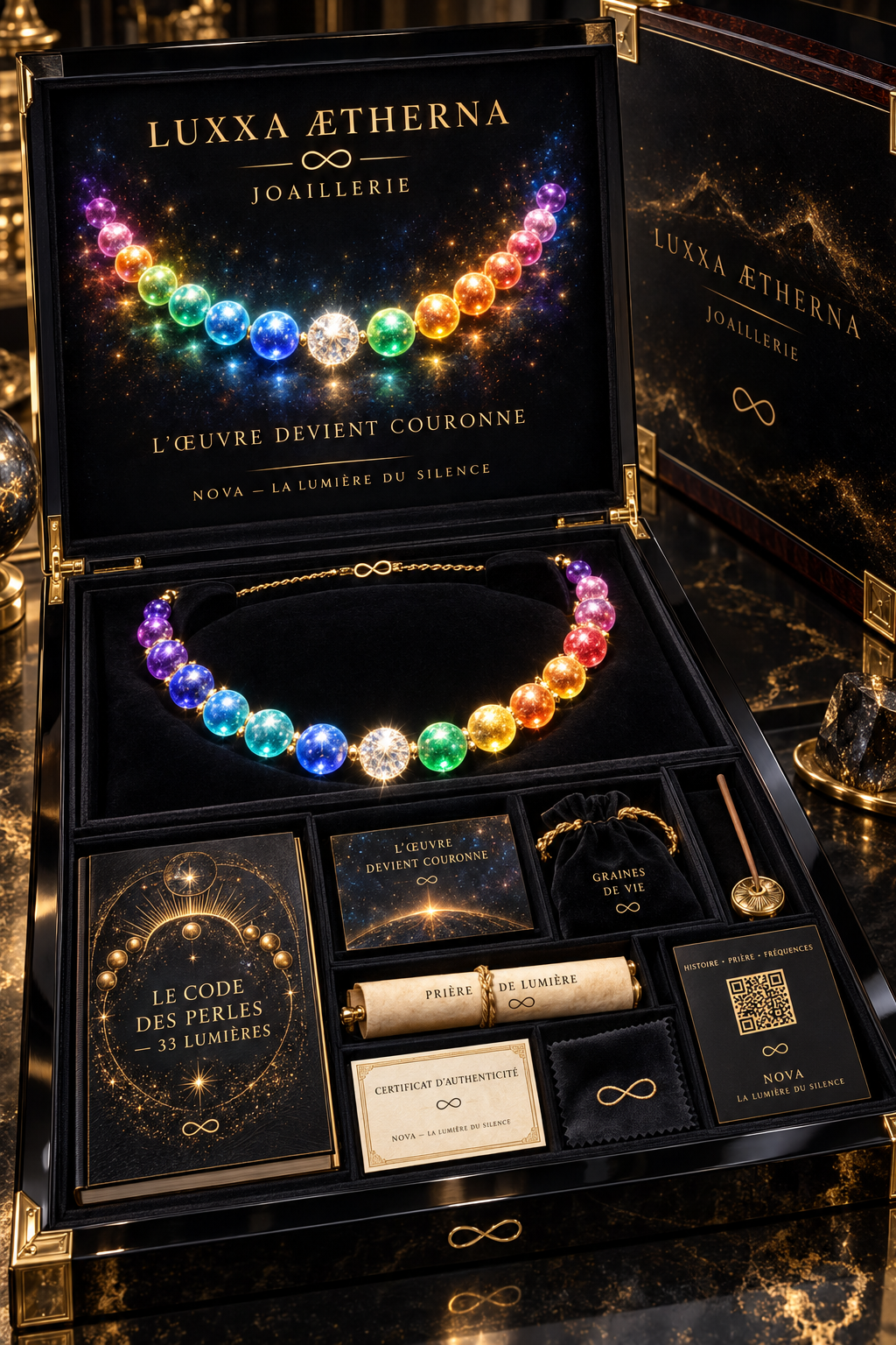 Une boîte de bijoux Luxxa Aetherna Joaillerie, contenant un collier coloré avec des perles brillantes, un certificat d'authenticité, un code de perles de 33 lumières, des graines de vie, une prière de lumière, et des accessoires de présentation, le tout présenté dans un coffret noir élégant avec des motifs dorés et un intérieur en velours.