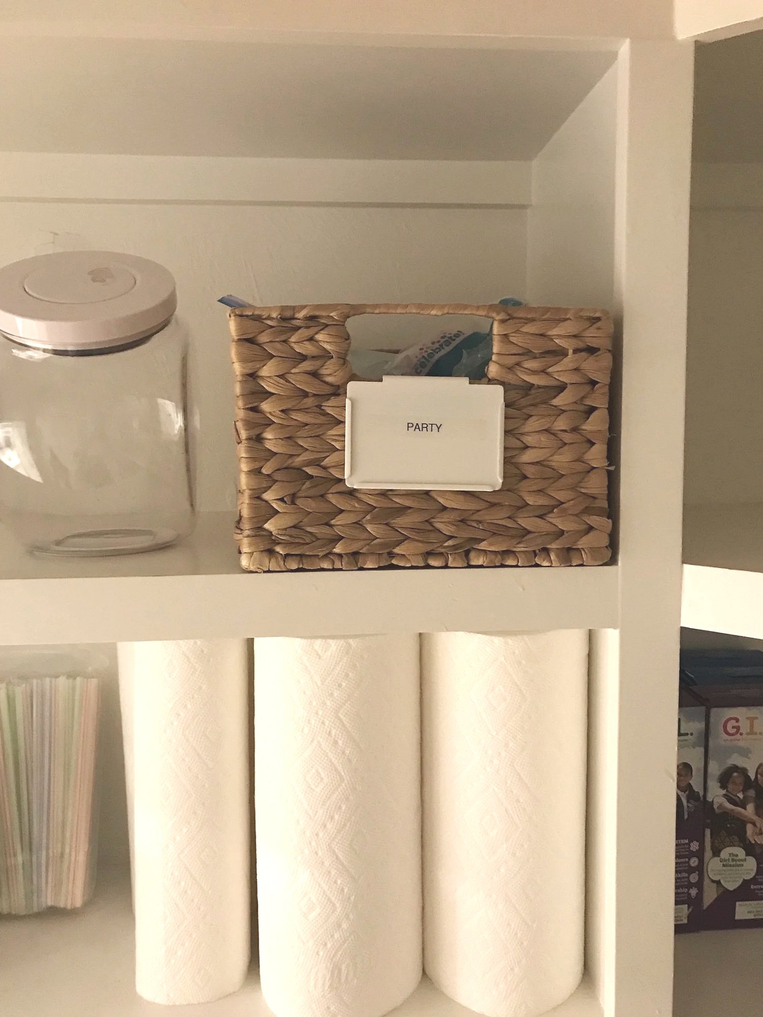 organized pantry in modern home with canisters and baskets