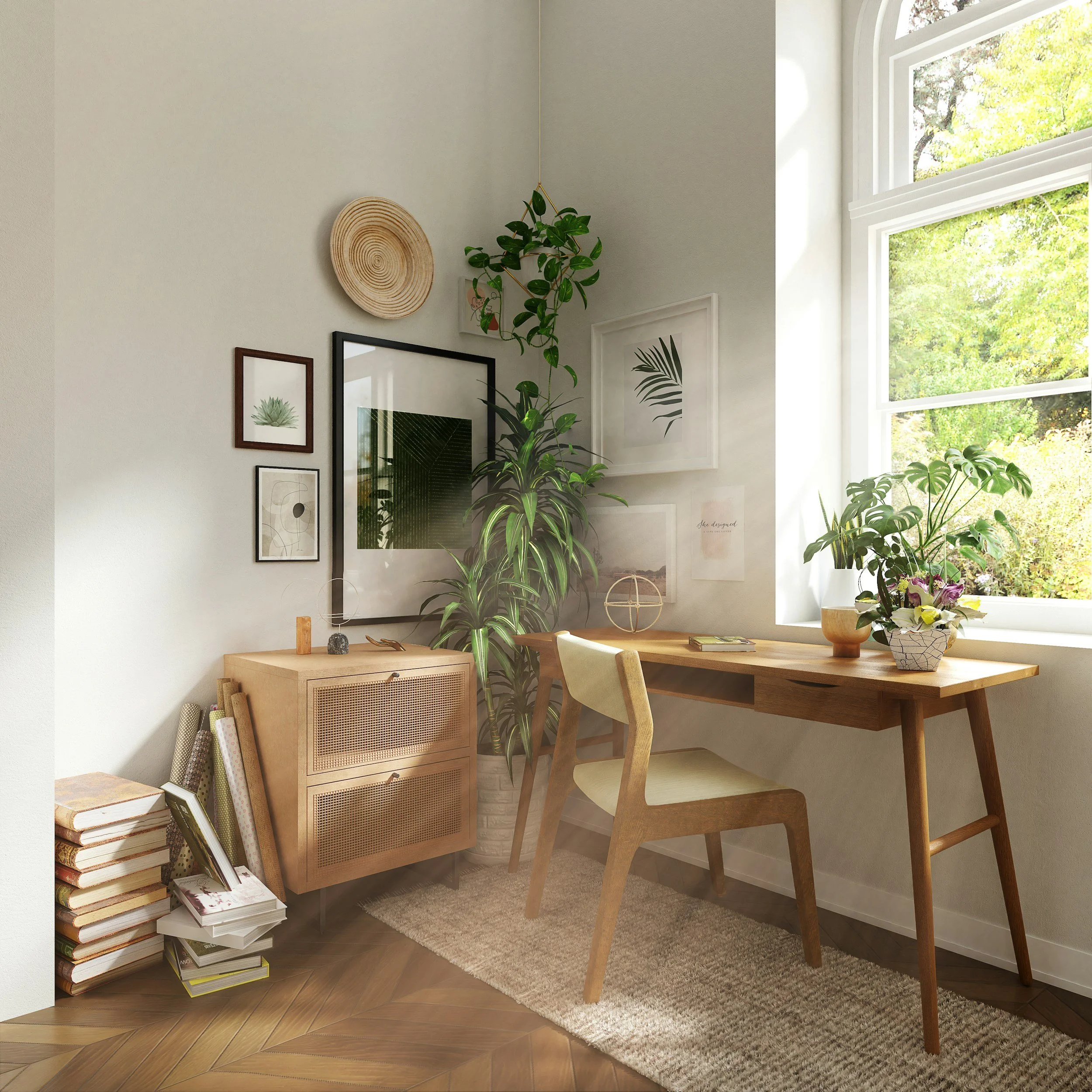 corner of room filled with plants and wall gallery