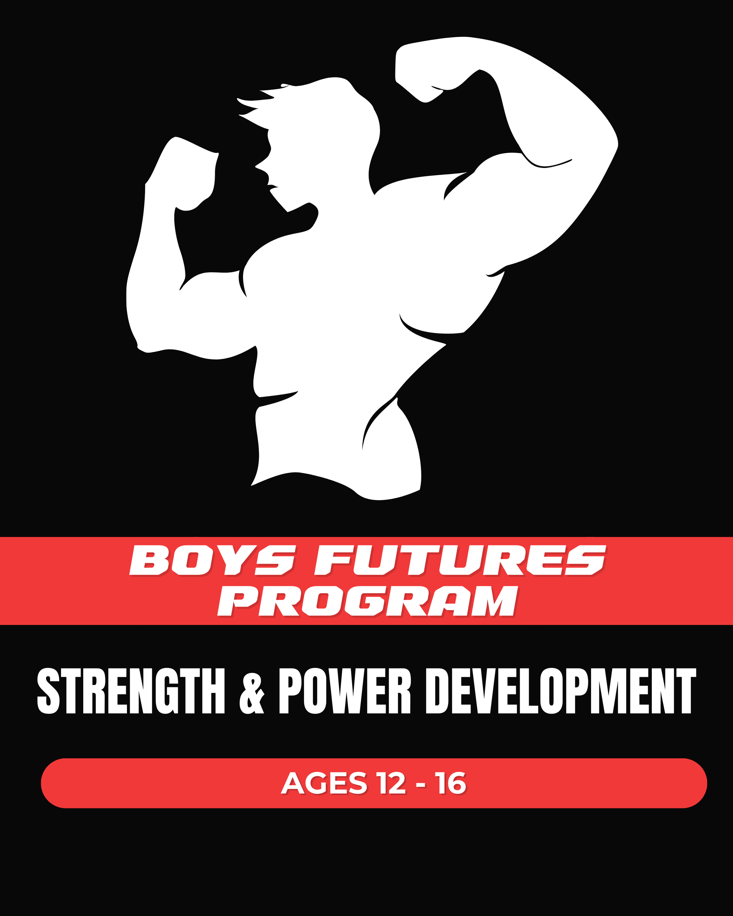 Flyer for Boys Futures Program detailing age and grade requirements, session costs, against a black background.