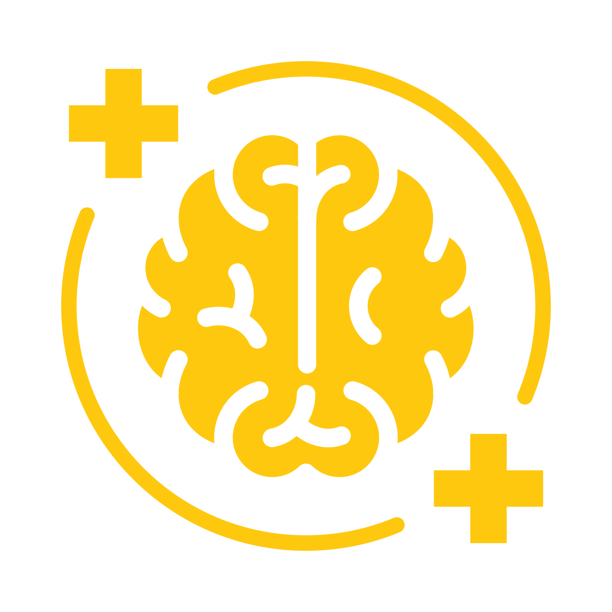 Geel hersenpictogram met medische kruissymbolen op zwarte achtergrond.