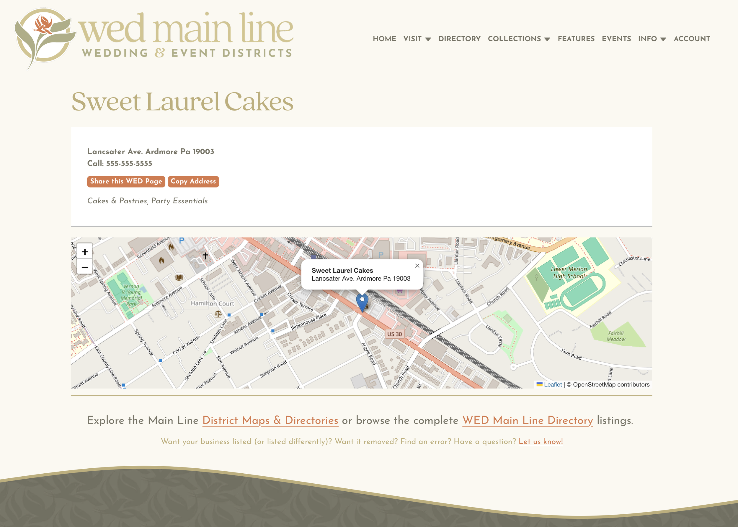 Screen shot of a sample WED Main Line Vendor WED Page showing a listing and map