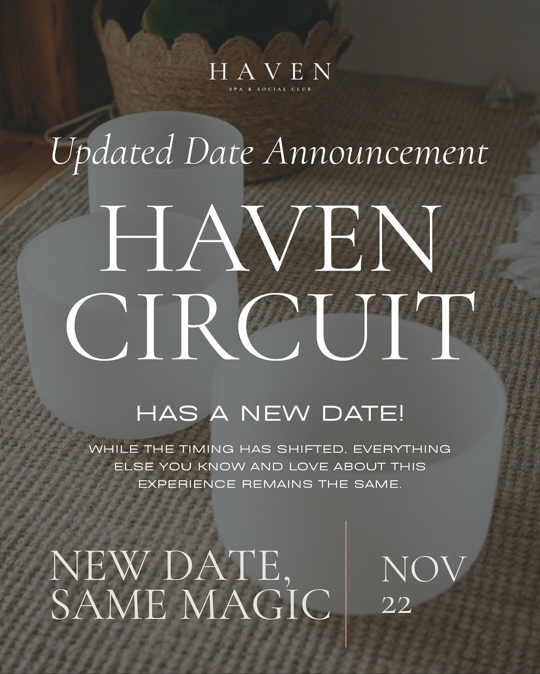 ✨ Date Update: The Haven Circuit ✨

Our Haven Circuit event has been moved from Nov 7 to Nov 22 and we&rsquo;re so excited for this one!

Join us on Nov 22 from 9 AM to 12 PM at 12 Taylor Rd for a morning of grounding, sound, and movement led by @tri