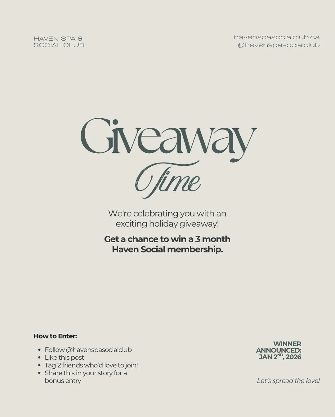 🎁 HOLIDAY GIVEAWAY 🎁

Consider this your sign to stay perfectly polished all winter.

We&rsquo;re gifting 3 months of our Haven Social Membership &mdash; a $537 value &mdash; to one very lucky guest ✨

Your VIP pass to flawless hands, happy feet, a