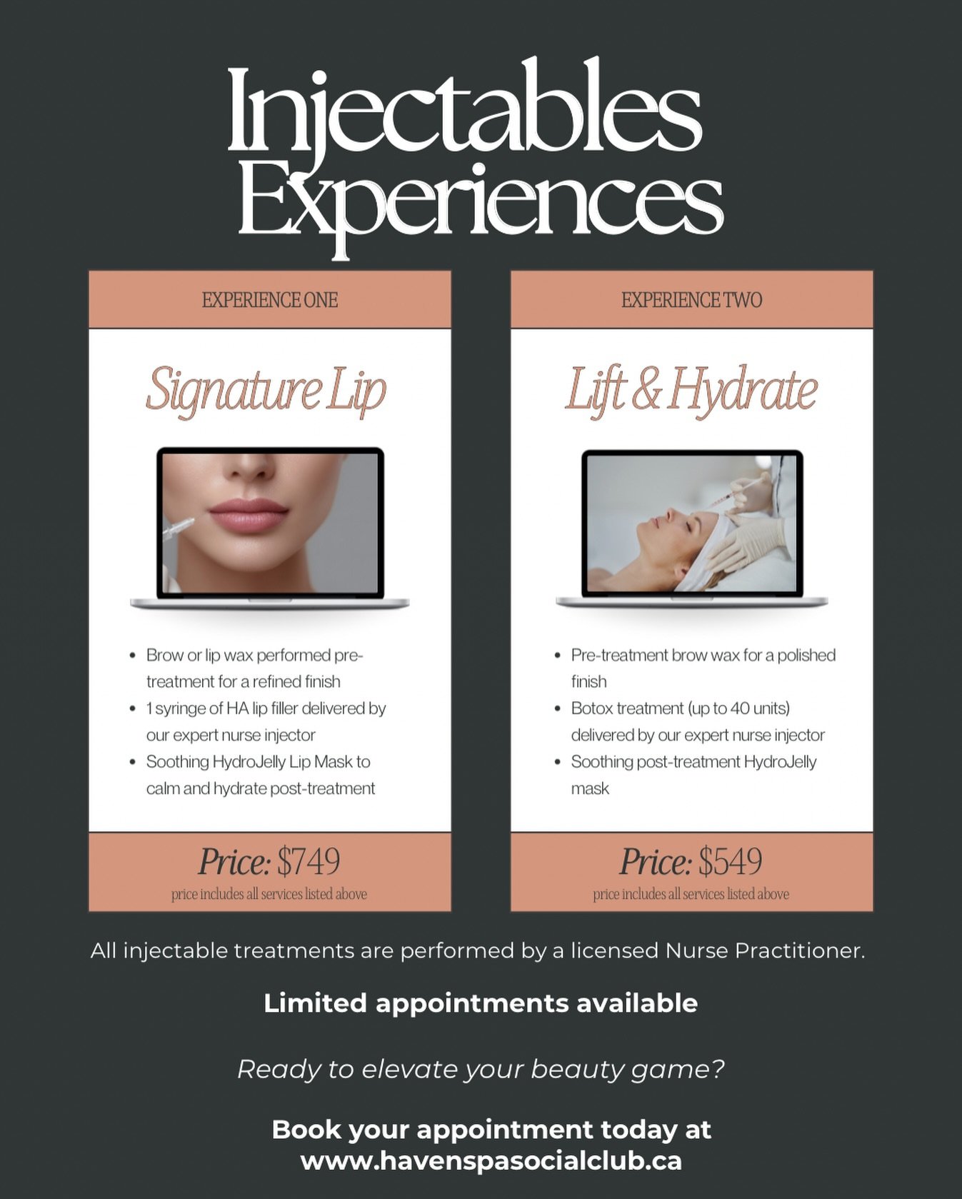 Did you know Haven is now offering injectable experiences?

Our approach is subtle, refined, and always client-first. All injectable treatments are performed by a licensed Nurse Practitioner and paired with calming, spa-level touches to ensure you fe